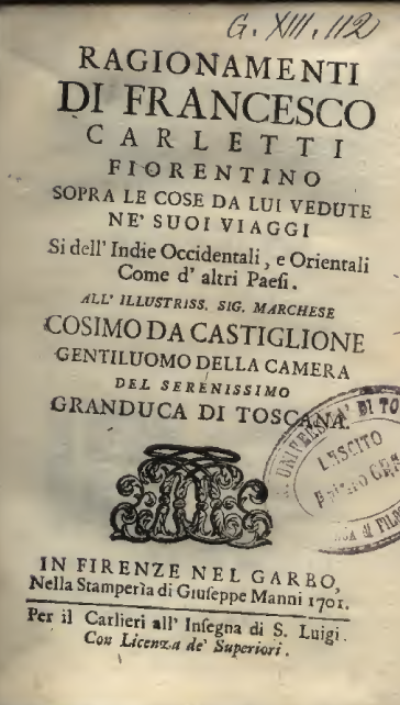 Cover page of the original Italian version of Carletti’s text Cover page of the original Italian version of Carletti’s text