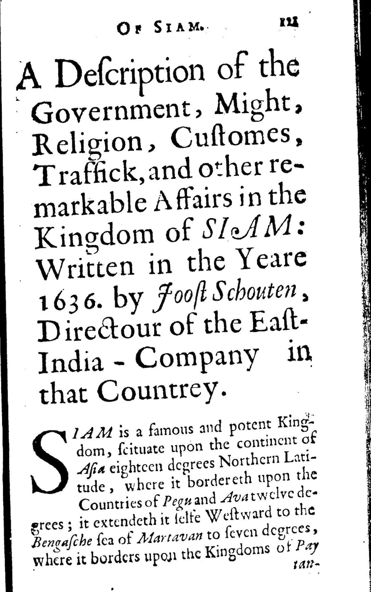 First page of Joost Schouten’s description of Siam First page of Joost Schouten’s description of Siam
